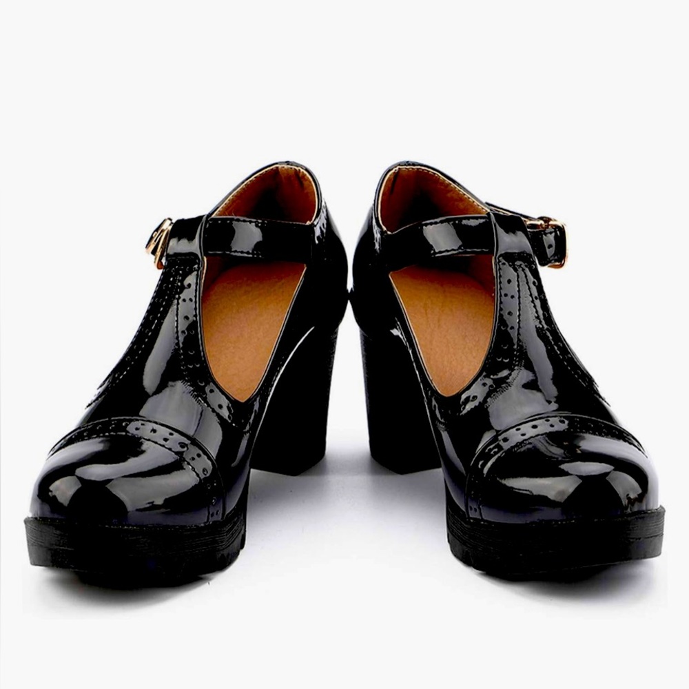 Glossy Black Block Heel Mary Janes